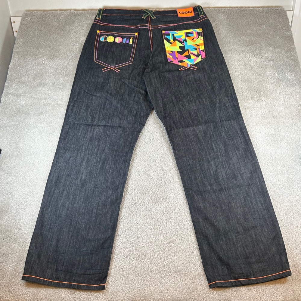 Vintage COOGI Jeans Mens 38x34 Dark Neon Stitch Geometric Streetwear Wide Leg